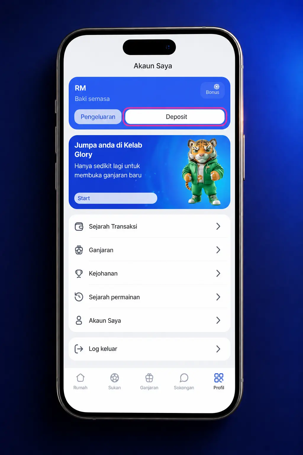 Step-by-step deposit guide for Glory Casino app showing Cashier menu and payment options for Malaysia users.