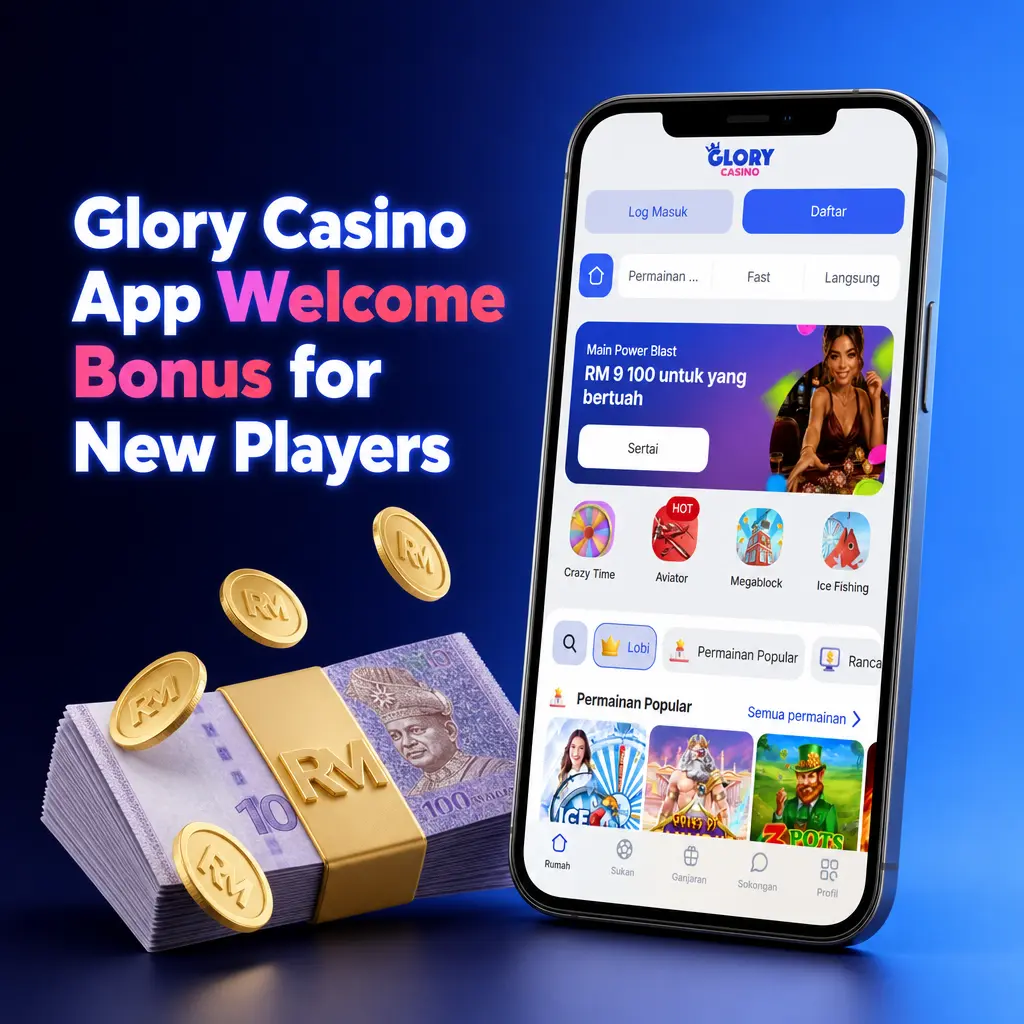 Glory Casino app welcome bonus: 100% match up to RM 1,300 plus 150 free spins for new players