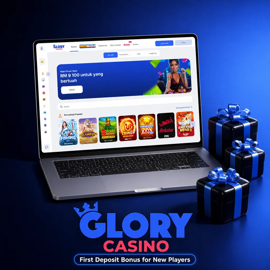 Glory Casino 100% welcome bonus up to RM 1,300 on first deposit for new players, valid on slots, live tables, and sportsbook
