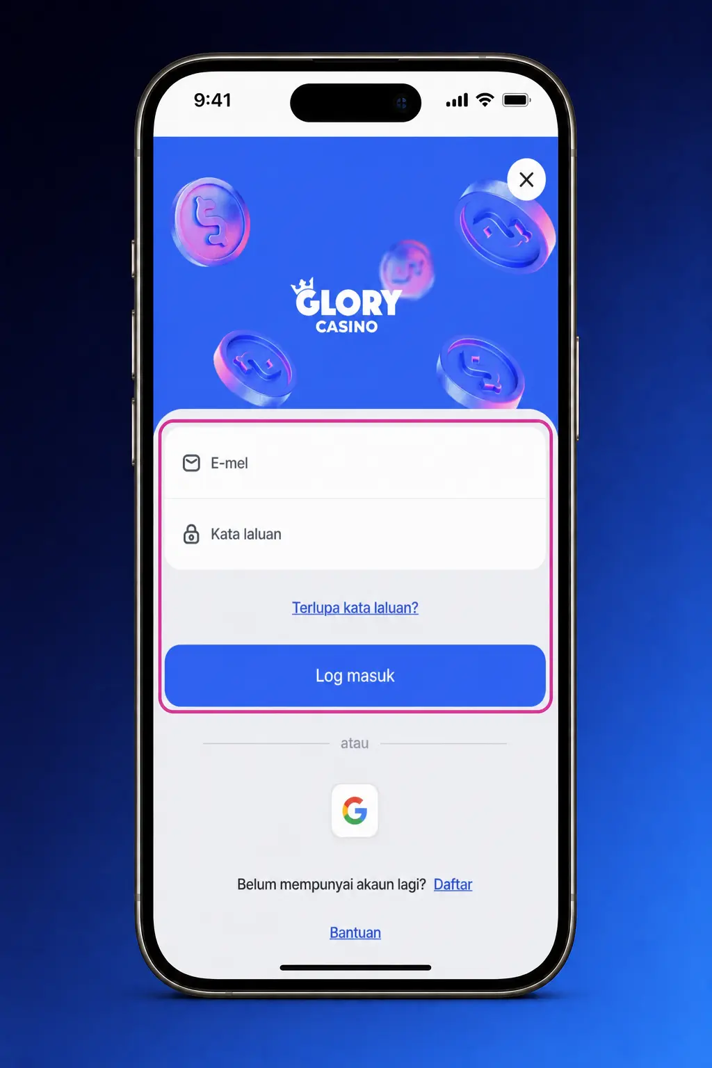 Glory Casino sign up steps: register, choose login method, enter details, confirm age, verify with OTP.