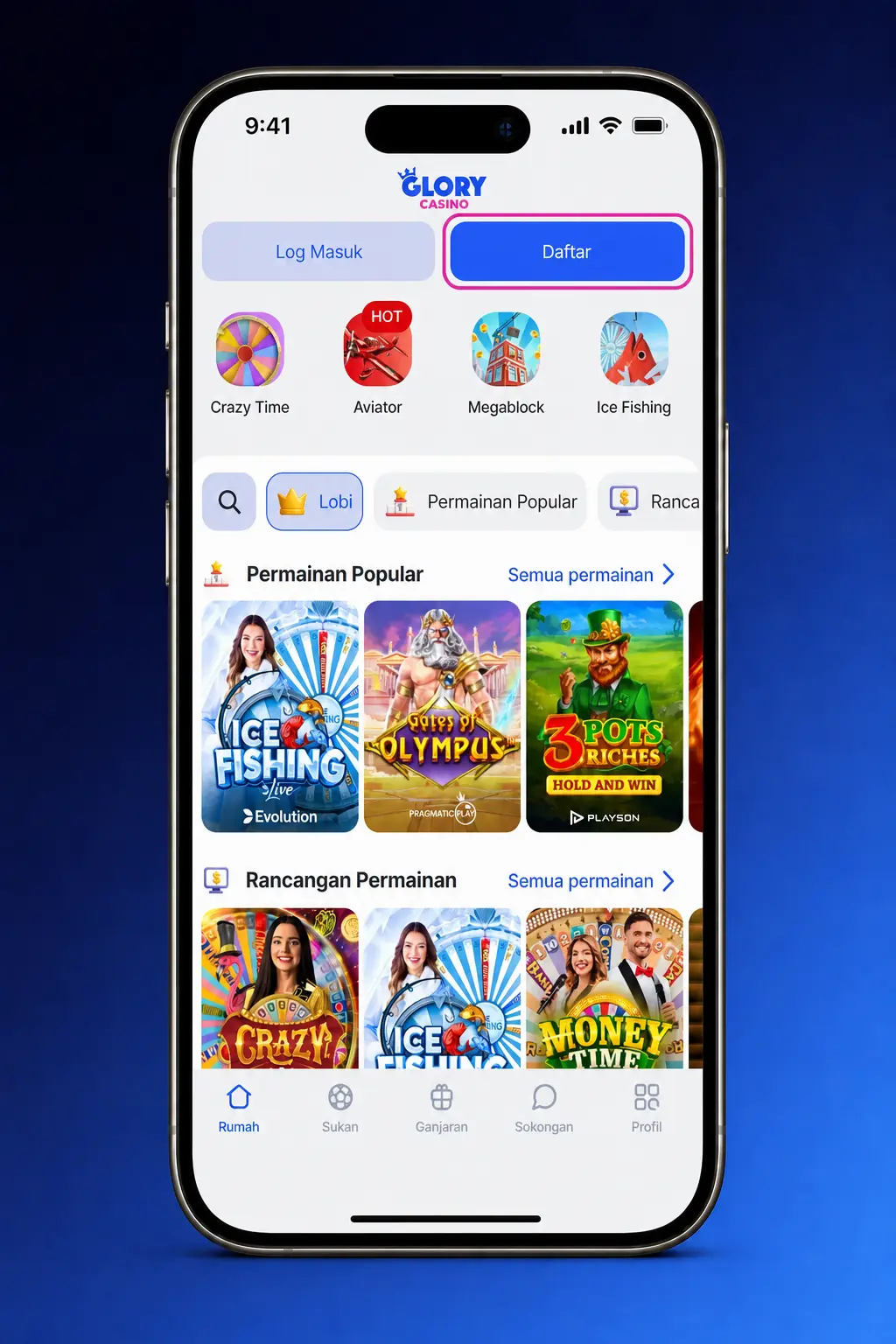 Glory Casino sign up steps showing registration form with phone, email, password, currency, and OTP verification options.