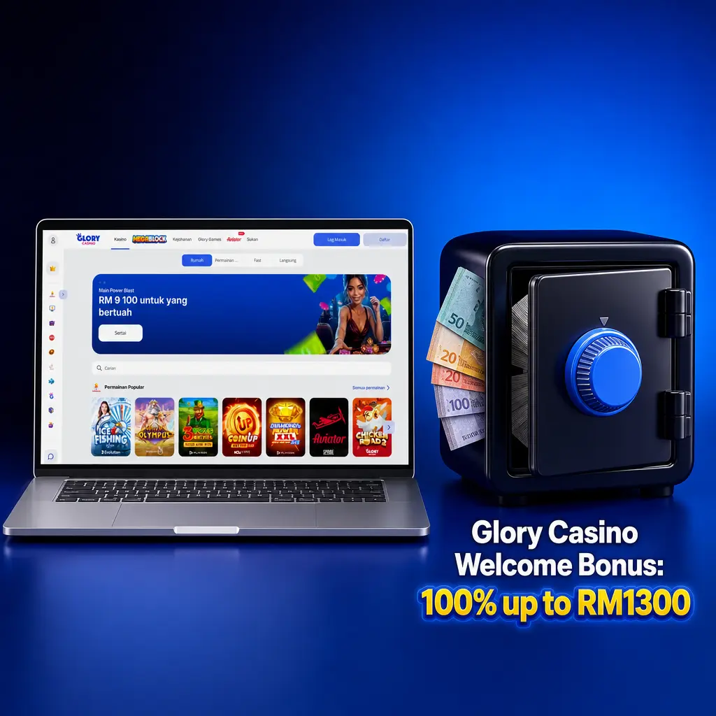Glory Casino welcome bonus: 100% deposit match up to RM1300, min RM30 deposit, 30x wagering in 7 days.