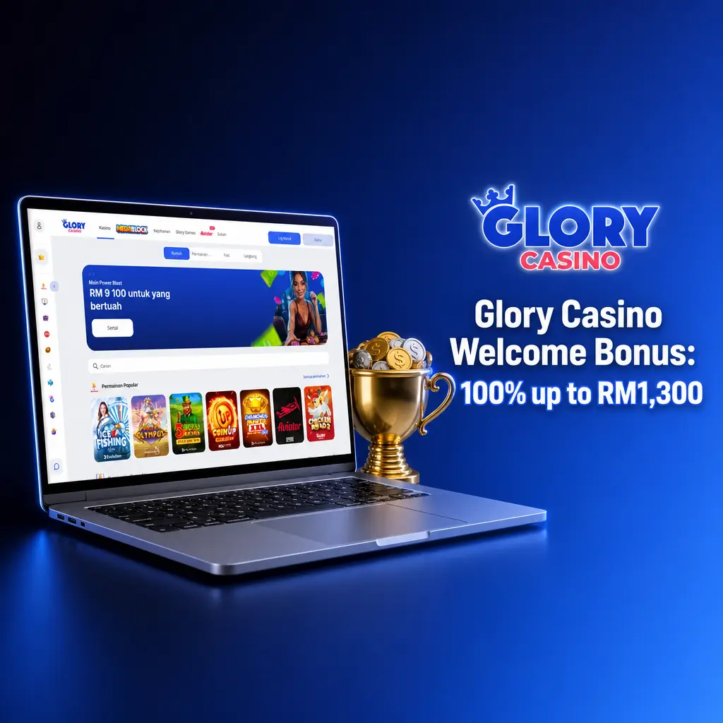 Glory Casino welcome bonus: 100% match up to RM1,300 on first deposit for slots, live casino, and sportsbook