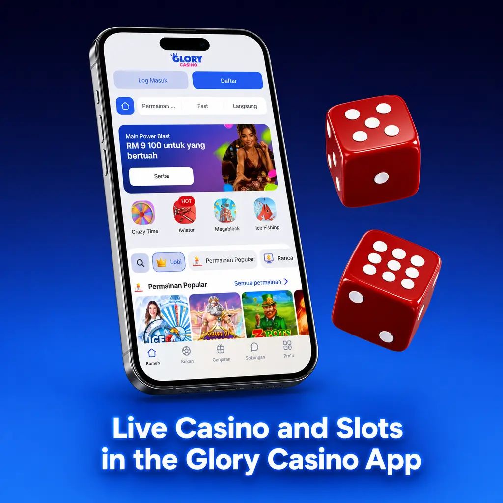 Live casino and slots in the Glory Casino app, featuring Pragmatic Play, Evolution, and Ezugi games.