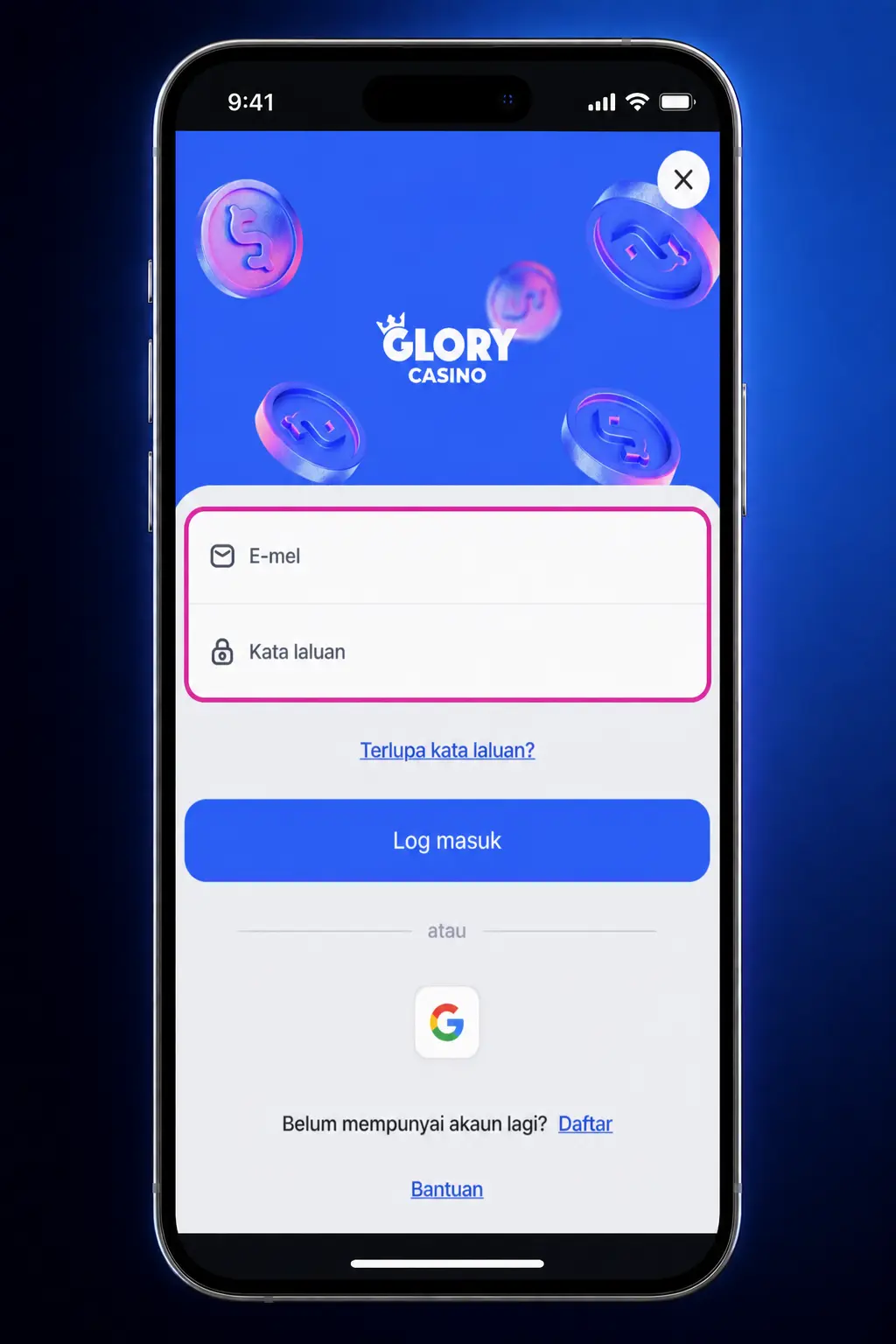 Screenshot of Glory Casino app login screen showing phone/email and password fields with biometric option