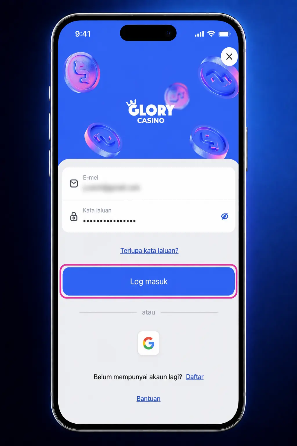 Step-by-step guide showing how to log in to the Glory Casino app using phone number, email, or biometric login.