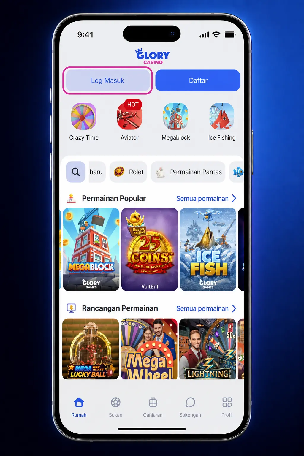 Step-by-step screenshot showing how to log in to Glory Casino via the mobile app using credentials or biometrics.