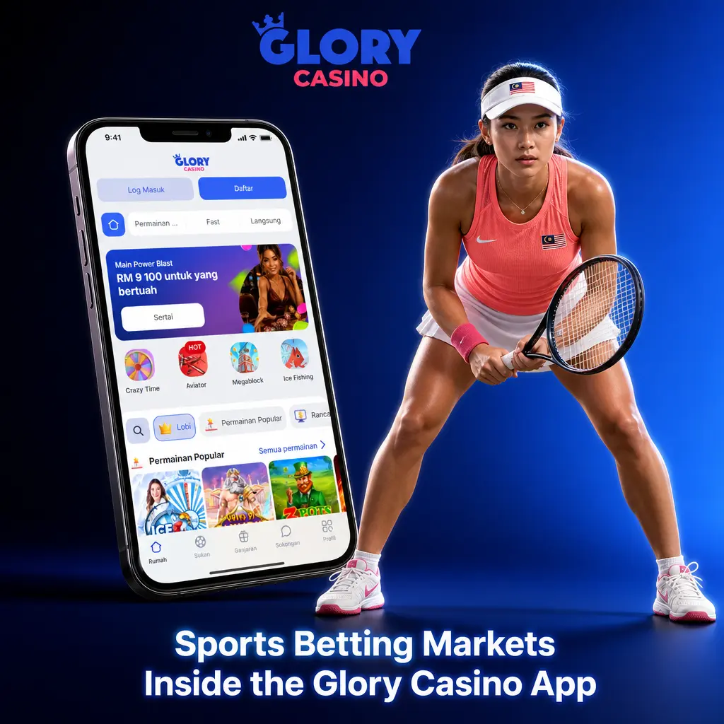Glory Casino app sports betting markets: Football, Basketball, Tennis, Badminton, eSports, Cricket, and more with live streams.