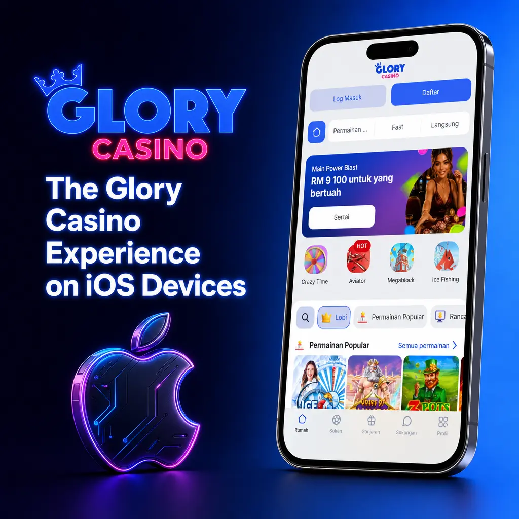 Glory Casino iOS app screen showing live betting odds, slot games, and live dealer tables